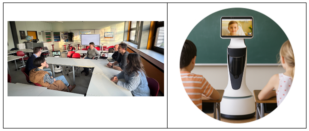 Klassenraum einer Schule mit einem Roboter, über den diese Kinder am Unterricht teilnehmen können.